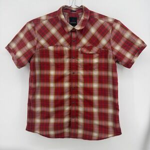 prAna Button Up Shirt Mens XL Red Plaid Recycled Polyester Slim Fit Western Snap